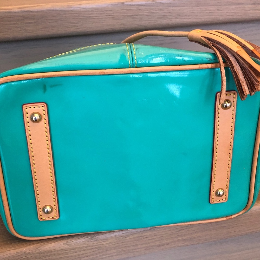 Dooney & Bourke Teal Patent Leather Drawstring Bucket Bag with Tan Trim - Picture 8 of 16